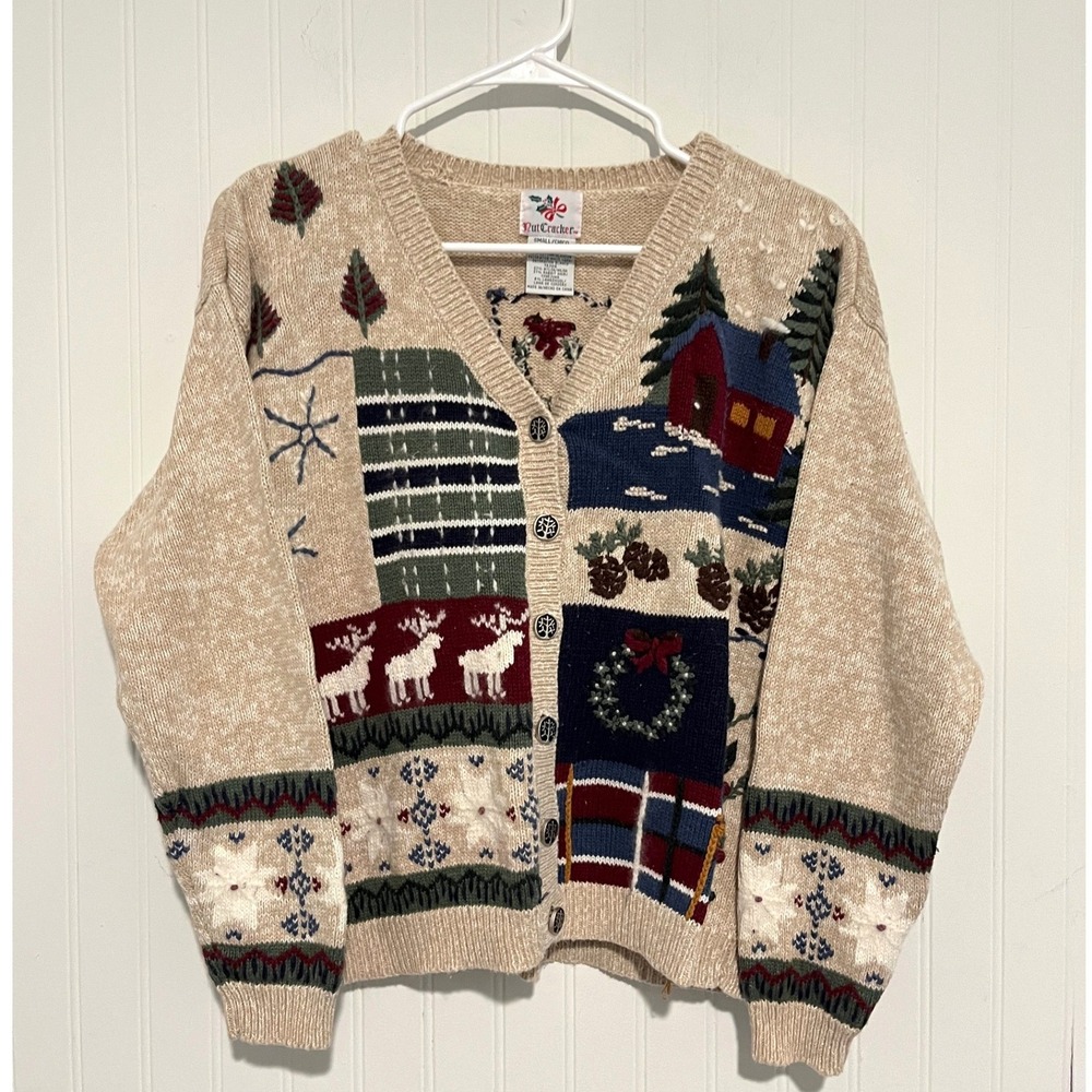 Vintage Nutcracker Cardigan Sweater Womens Small Beige Christmas Patchwork